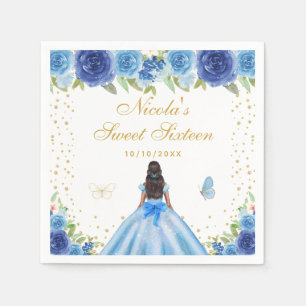 Serviette En Papier Bleu Floral Peau Sombre Princesse Sweet Sixteen