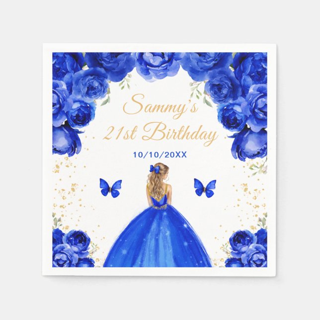 Serviette En Papier Bleu foncé Blonde cheveux Princess Anniversaire (Devant)