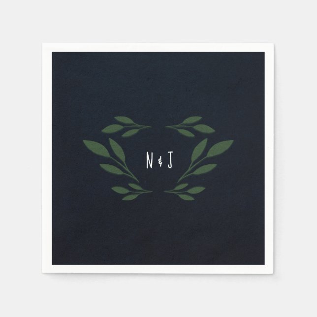 Serviette En Papier Bleu foncé et vert Feuille verdure Mariage rustiqu (Devant)