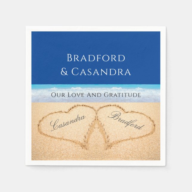 Serviette En Papier Bleu foncé Plage Mariage 2 Coeurs dans le sable (Devant)
