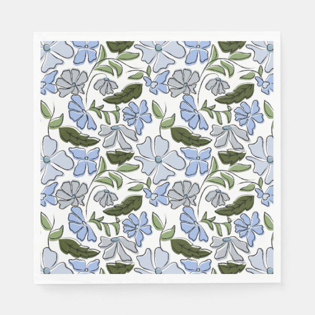 Serviette En Papier Bleu main tiré bloc floral Imprimer (Devant)