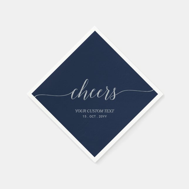 Serviette En Papier Bleu marine argent élégant lettrage stylisé Cheers (Coin)