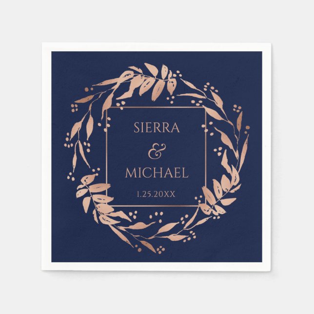 Serviette En Papier Bleu Marine | Élégant Rose Mariage de houillère or (Devant)