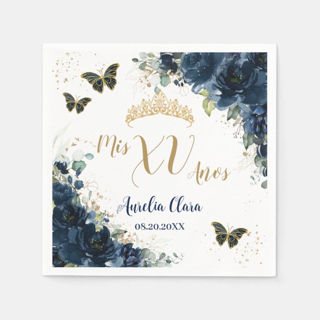 Serviette En Papier Bleu marine floral Quinceanera papillons dorés (Devant)