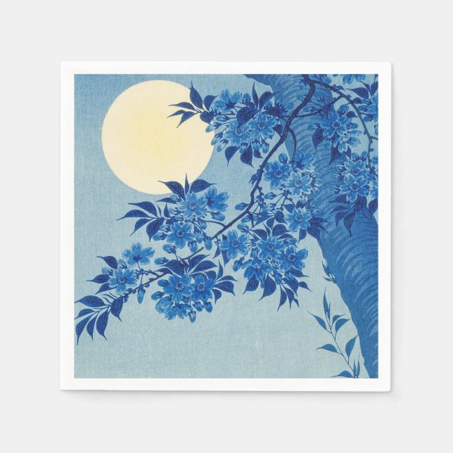 Serviette En Papier Bleu Moonlit Arbre : Japonais Cerisier Fleur Nuit (Devant)