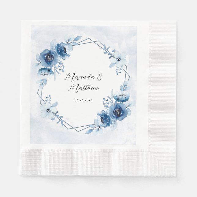 Serviette En Papier Bleu poussiéreux et Mariage floral marine (Devant)