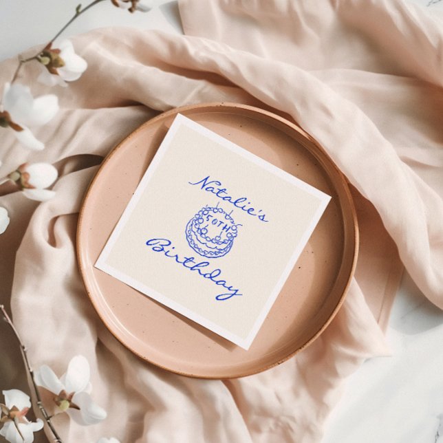 Serviette En Papier Bleu rétro 50e Main Drawn Cake Milestone Anniversa (Créateur téléchargé)