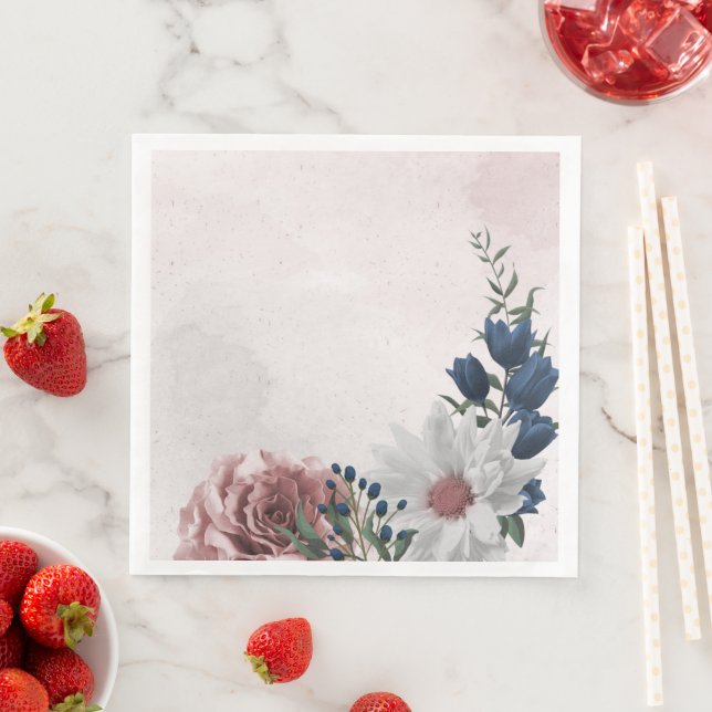 Serviette En Papier bleu rose blanc vert fleuri mariage (En situation)