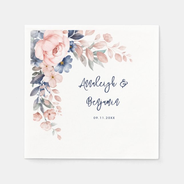 Serviette En Papier Bleu rose Floral Script Mariage Papier botanique (Devant)