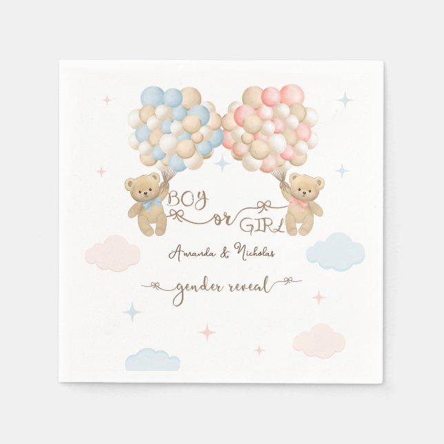 Serviette En Papier Bleu rose Garçon Fille Ours Ballons Révélation de  (Devant)