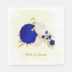 Serviette En Papier bleu royal et fleurs blanches or