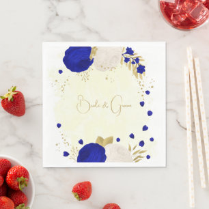 Serviette En Papier bleu royal et fleurs blanches or mariage
