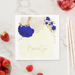 Serviette En Papier bleu royal et fleurs blanches or mariage serviette