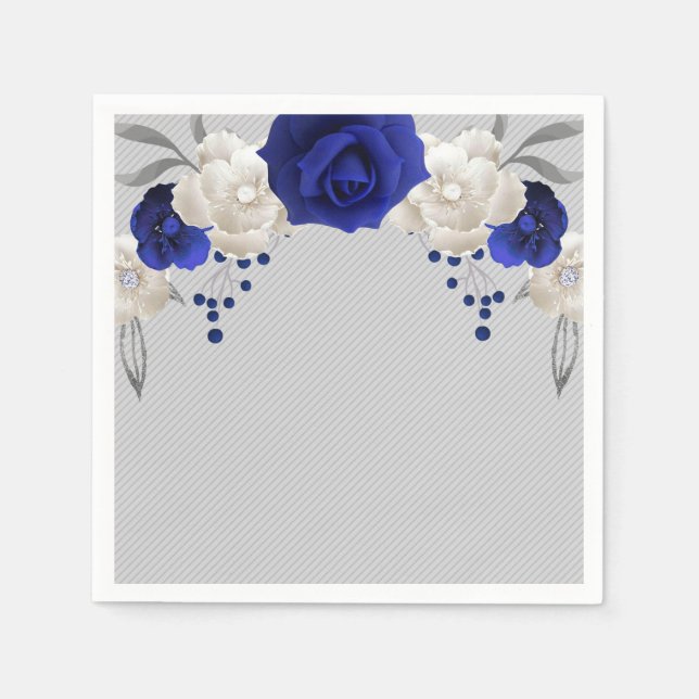 Serviette En Papier bleu royal rose blanc fleurs gris mariage (Devant)