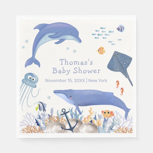 Serviette En Papier Bleu Rustique Océan Dolphin Whale Boy Baby shower (Devant)