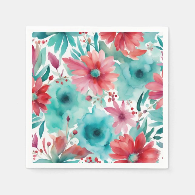 Serviette En Papier bleu turquoise Aquarelle rouge Fleurs de printemps (Devant)