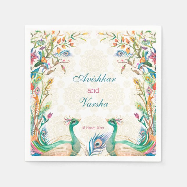 Serviette En Papier bleu turquoise cerise vert floral paon nom personn (Devant)