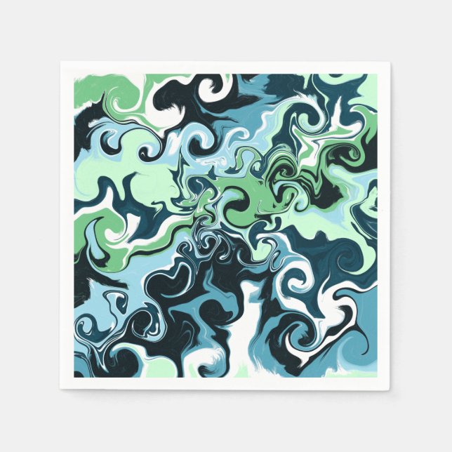 Serviette En Papier Bleu, Vert et Blanc tourbillons Abstrait Fluid Art (Devant)