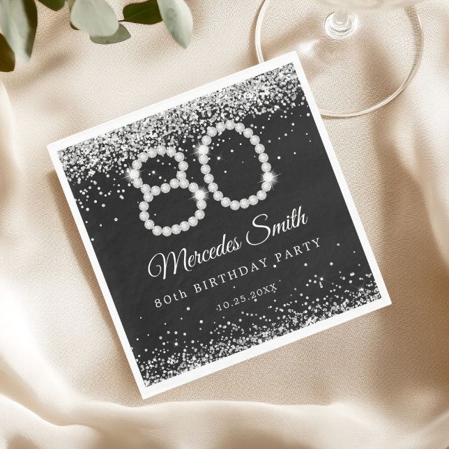 Serviette En Papier Bling Silver Diamonds 80e anniversaire (Diamonds 80th Birthday Party Napkin)