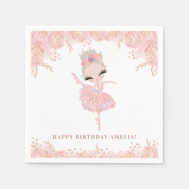 Serviette En Papier Blonde Ballerina en Robe Rose Floral Anniversaire (Devant)