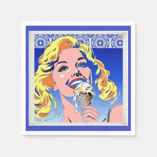 Serviette En Papier Blonde Mangeant une Glace Style Pop Art Coloré des