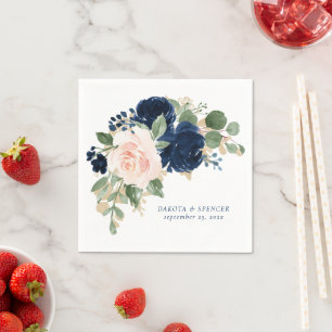 Serviette En Papier Blooms Chics   Bouquet bleu marine et rose pâle