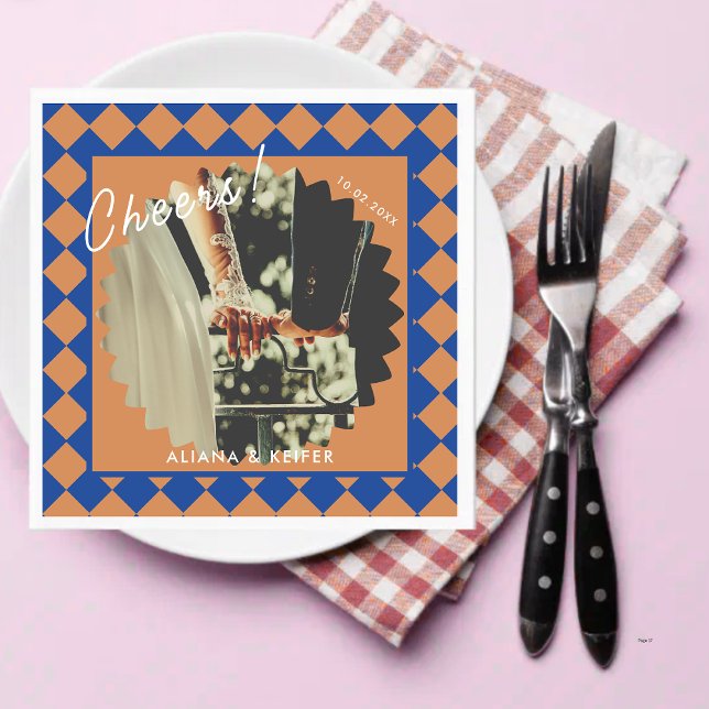 Serviette En Papier Blue and Mustard Retro Bold Fun Fun Fun Mariage (Créateur téléchargé)