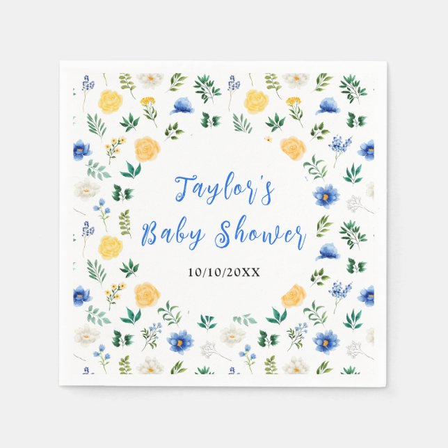 Serviette En Papier Blue and Yellow Floral Baby Shower (Devant)