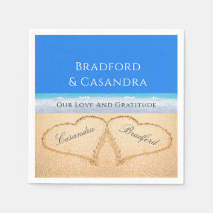 Serviette En Papier Blue Beach Wedding 2 Coeurs dans le sable