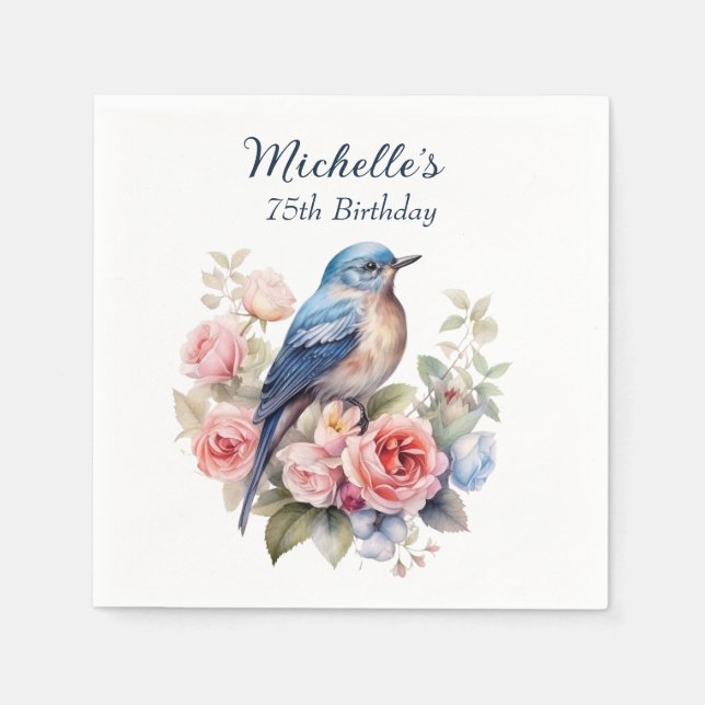 Serviette En Papier Blue Bird Rose Fleurs 75e anniversaire (Devant)