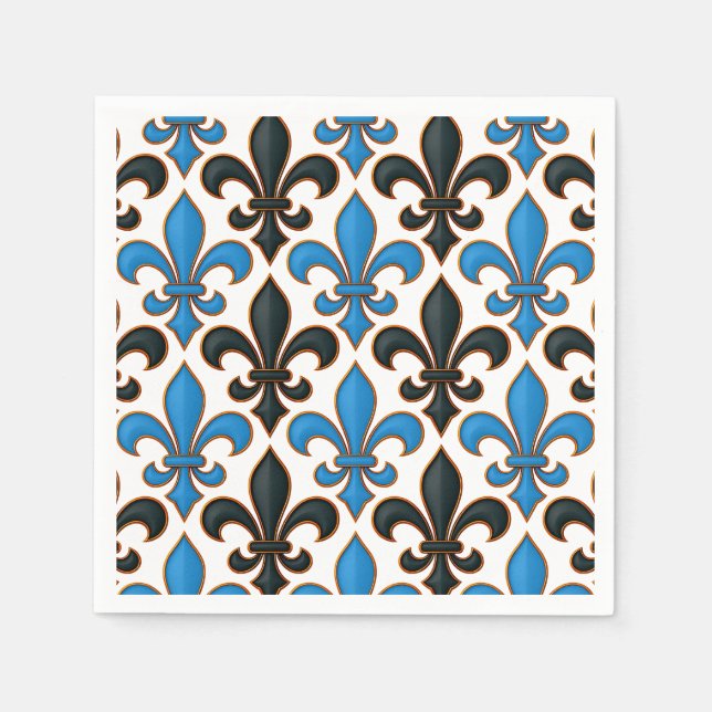 Serviette En Papier Blue Black Baroque Fleur-de-lis Pattern Design  (Devant)