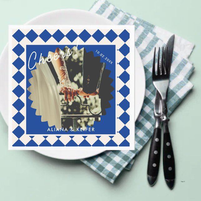 Serviette En Papier Blue Bold Cheers Retro Mariage Photo Napkin (Créateur téléchargé)