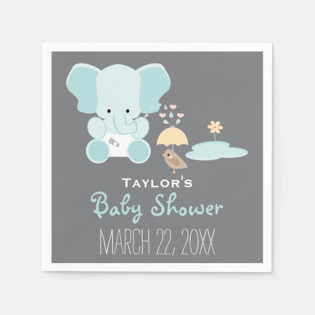 Serviette En Papier Blue Elephant Little in Diapers Baby shower d'oise (Devant)