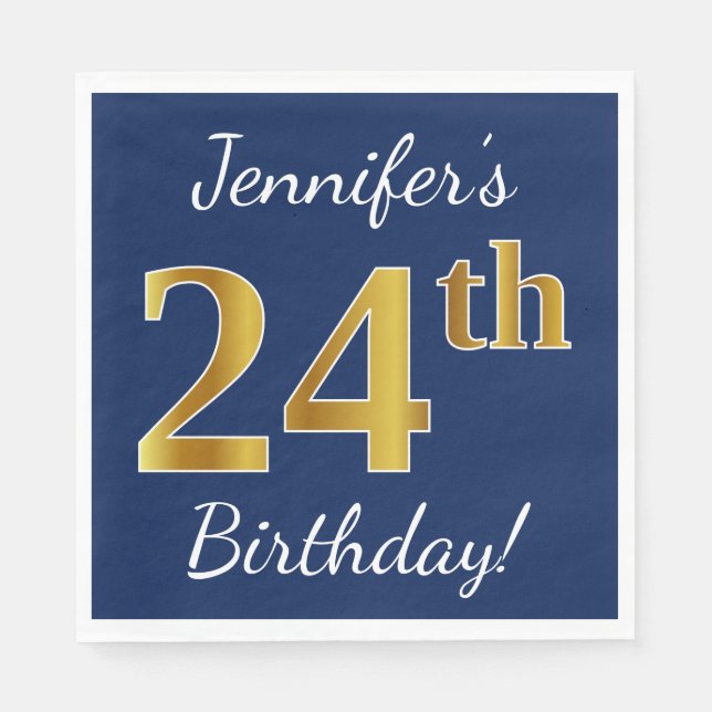 Serviette En Papier Blue, Faux Gold 24e anniversaire + Nom personnalis (Devant)
