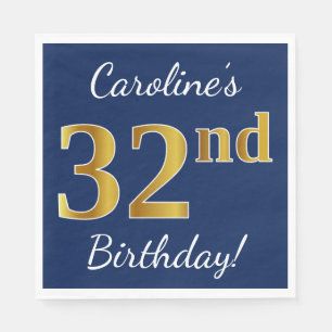 Serviette En Papier Blue, Faux Gold 32e anniversaire + Nom personnalis