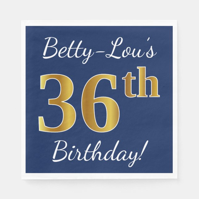 Serviette En Papier Blue, Faux Gold 36e anniversaire + Nom personnalis (Devant)