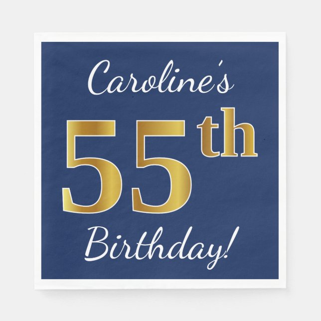 Serviette En Papier Blue, Faux Gold 55e anniversaire + Nom personnalis (Devant)