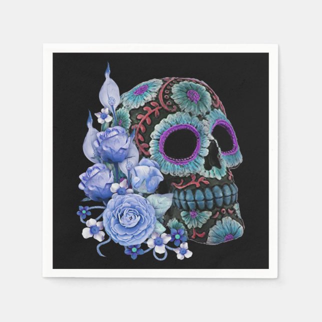 Serviette En Papier Blue Floral Black Sugar Skull Jour des morts (Devant)