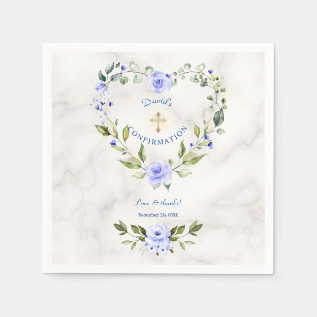 Serviette En Papier Blue Floral Heart Gold Marble Boy Confirmation (Devant)