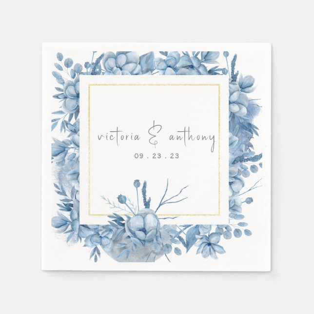 Serviette En Papier Blue Floral Hydrangeas Nom Date Mariage (Devant)