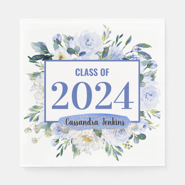 Serviette En Papier Blue Floral Rose Année de graduation (Devant)