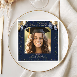 Serviette En Papier Blue Gold Balloon Glitter Graduation Party Photo