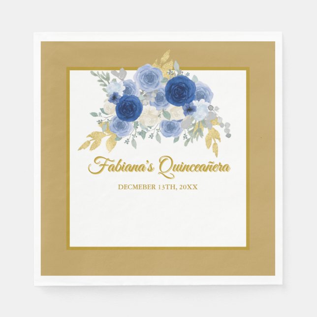 Serviette En Papier Blue & Gold Floral Quinceañera Napkins (Devant)