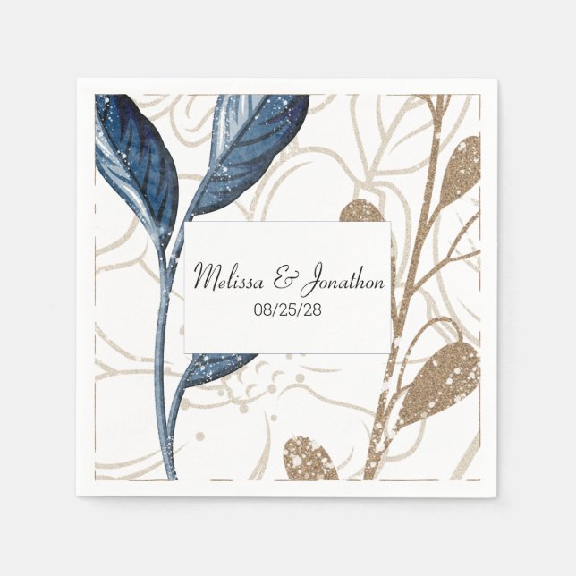Serviette En Papier Blue Gold Moderne Floral Mariage élégant (Devant)