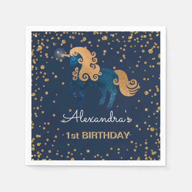 Serviette En Papier Blue & Gold Sparkle Confetti Unicorn 1er anniversa (Devant)
