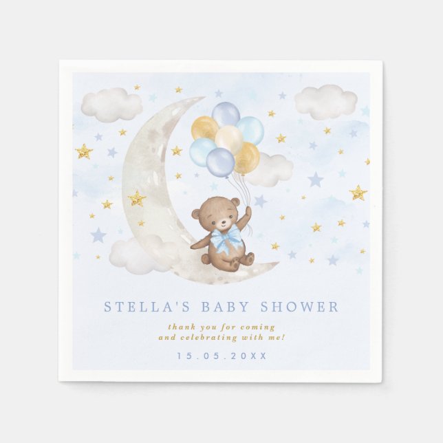Serviette En Papier Blue Gold Teddy Bear Balloons Moon Stars Party (Devant)