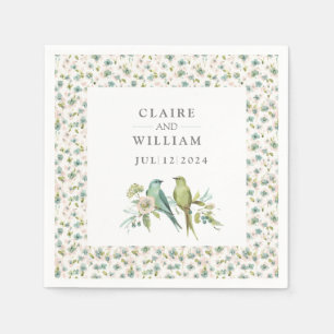 Serviette En Papier Blue Green Birds Botanical Watercolor Mariage