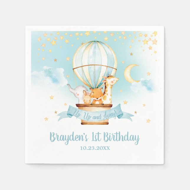 Serviette En Papier Blue Hot Air Balloon Animaux Anniversaire (Devant)
