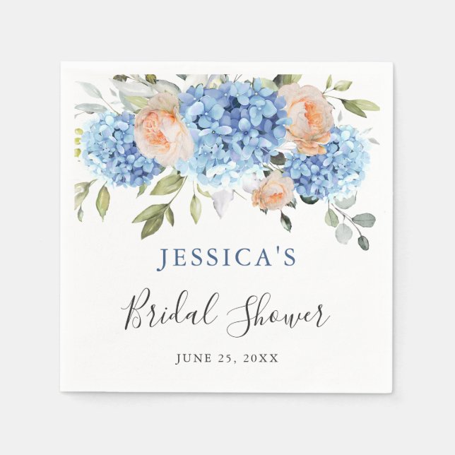 Serviette En Papier Blue Hydrangea Rose Blush Roses Fête des mariées (Devant)