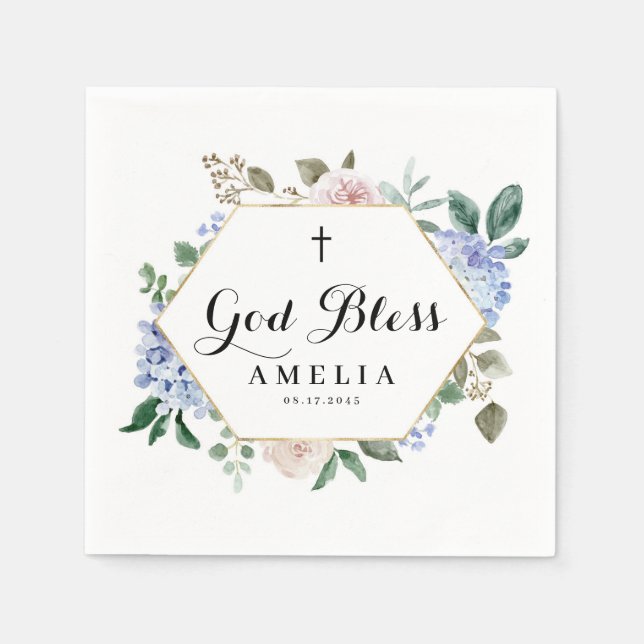 Serviette En Papier Blue Hydrangeas et le Dieu Rose bénissent le cadre (Devant)
